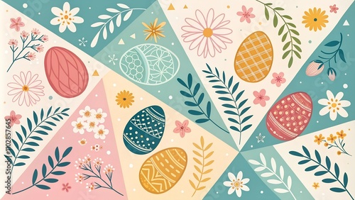Happy easter! Vector illustration of geometric modern trendy abstract pattern, easter eggs, background, flowers and leaves for poster, flyer, greeting card or invitation 
