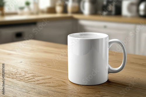 white coffee mug on wooden table in cozy kitchen setting, perfect for enjoying warm beverage. natural light enhances inviting atmosphere