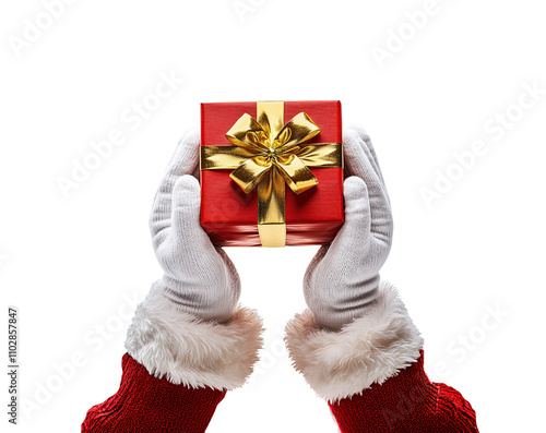Santa Claus hand holding red gift box on isolate white background for Christmas concept