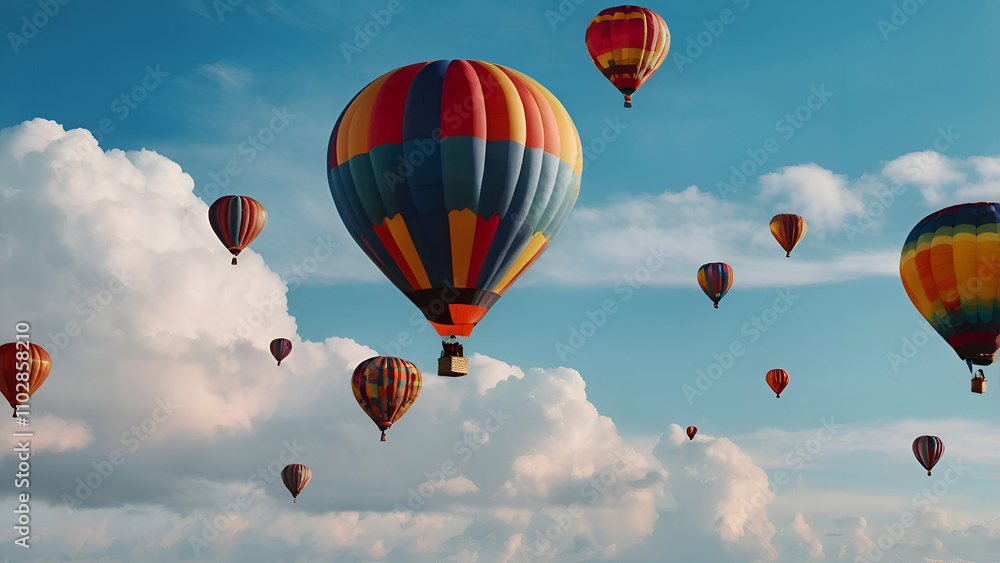 Obraz premium Watercolor Hot Air Balloon bundle and blue Sky Flying balloon transportation object seamless texture pattern illustration.,