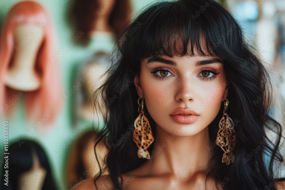 A confident woman with perfectly styled wavy black hair stands in focus A confident woman with perfectly styled wavy black hair stands in focus