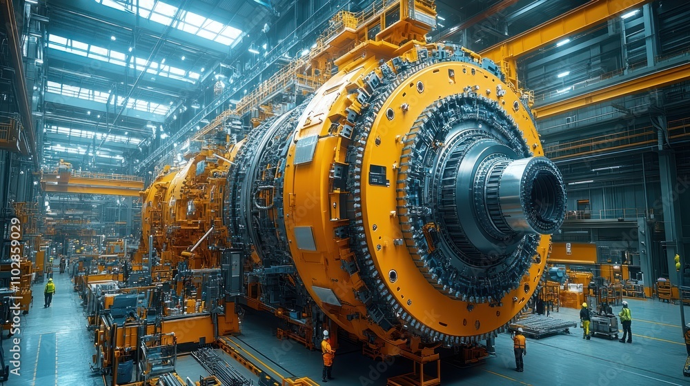 Hyper-detailed view of workers building offshore wind turbines in a sustainable energy factory. Hyper-detailed view of workers building offshore wind turbines in a sustainable energy factory.