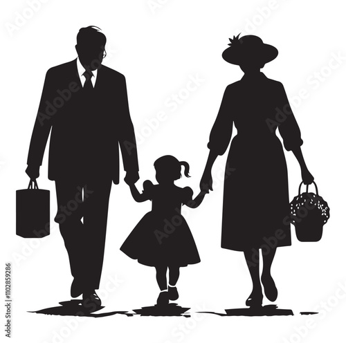 grandparents walking with granddaughter vector silhouette Illustration 