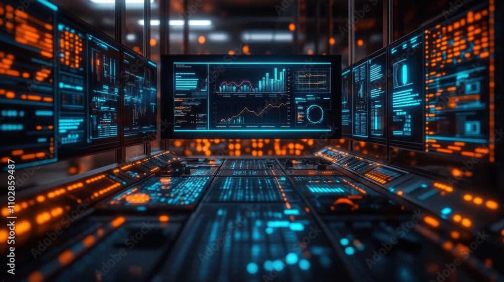 A modern, high-tech workspace filled with digital devices, large digital screens displaying AI-generated data A modern, high-tech workspace filled with digital devices, large digital screens displaying AI-generated data