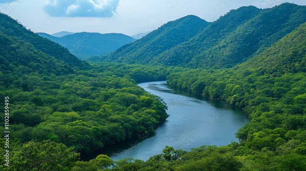 Serene River Through Majestic Mountains, a tranquil scene showcasing a winding river embraced by lush forests, capturing the essence of unspoiled natural beauty and adventure. Serene River Through Majestic Mountains, a tranquil scene showcasing a winding river embraced by lush forests, capturing the essence of unspoiled natural beauty and adventure.