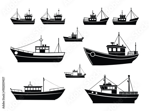 Fishing boat silhouette collection. vector illustration.