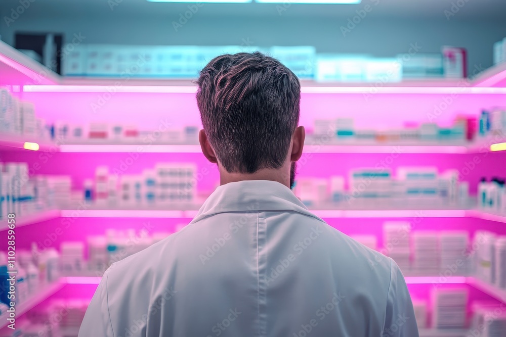 Pharmacist in White Coat Standing in Pharmacy with Colorful Shelves, Displaying a Variety of Medicine and Healthcare Products Under Neon Lights Pharmacist in White Coat Standing in Pharmacy with Colorful Shelves, Displaying a Variety of Medicine and Healthcare Products Under Neon Lights