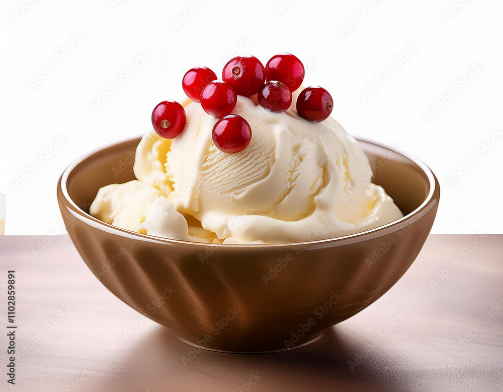 A bowl of vanilla ice cream topped with cranberry isolated on the table A bowl of vanilla ice cream topped with cranberry isolated on the table