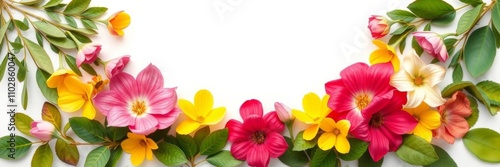 A beautiful arrangement of colorful flowers forming a frame on a white background with space for text in the center, design, isolated