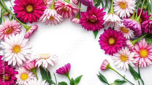 A beautiful array of vibrant colorful dahlias creating a frame on a clean white background, petals, floral