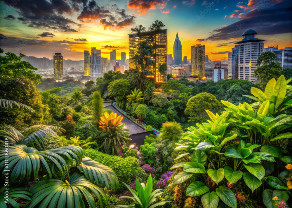 Fototapeta premium vibrant cityscape blends seamlessly with lush tropical flora, creating surreal tapestry of nature and urban architecture at sunset