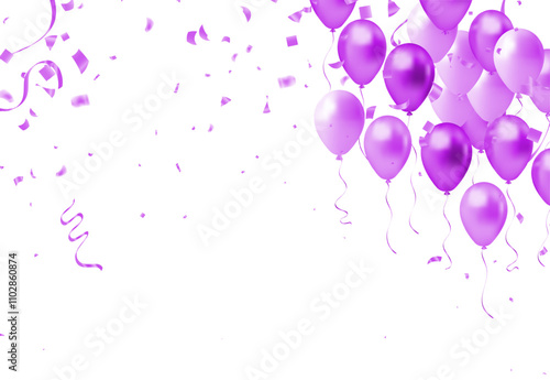 Purple balloons with confetti and ribbons on white background.