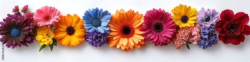 A vibrant array of multi-colored flowers arranged in a line, showcasing their beauty and diversity against a plain background. A vibrant array of multi-colored flowers arranged in a line, showcasing their beauty and diversity against a plain background.