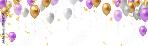 Purple, silver and golden balloons with ribbons and confetti. Vector illustration.