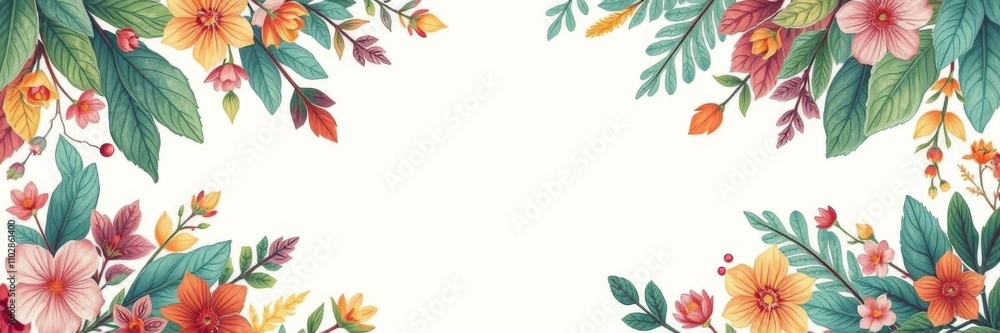 Obraz premium A beautiful botanical pattern featuring vibrant flowers and leaves, with an empty space in the center for text or graphics, abstract, design