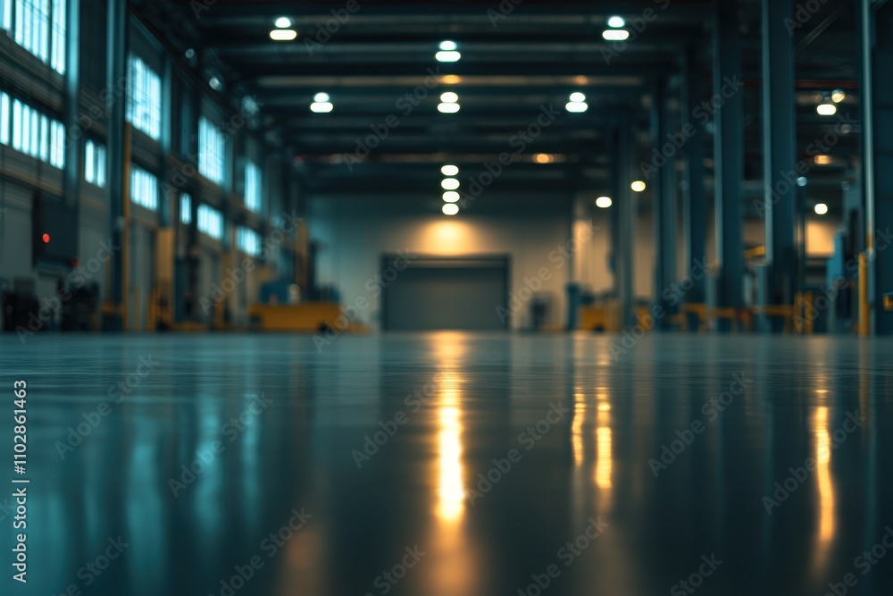 A large, modern warehouse with polished floors and symmetrical industrial lighting A large, modern warehouse with polished floors and symmetrical industrial lighting