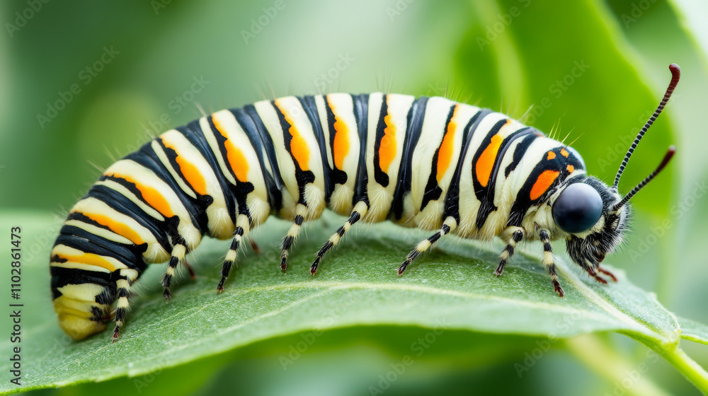 vibrant caterpillar on green leaf, showcasing its striking black and orange stripes, symbolizes potential and transformation in nature vibrant caterpillar on green leaf, showcasing its striking black and orange stripes, symbolizes potential and transformation in nature
