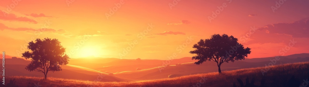 Obraz premium Vibrant Sunset Over Hills, a breathtaking view of rolling hills with silhouetted trees and a sky filled with vibrant orange and pink hues creating a serene landscape.