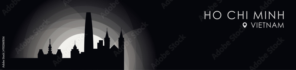 Fototapeta premium Vector Ho Chi Minh, Vietnam cityscape banner. Black and white placard profile picture for header, footer