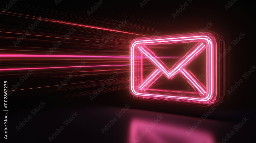 Neon Email Icon with Dynamic Light Trails Representing Digital Communication, Fast Messaging, and Technology in a Futuristic Style