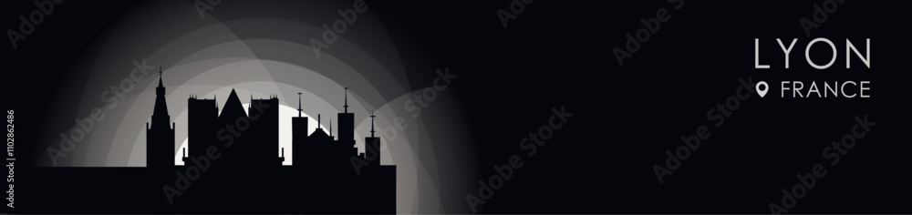 Fototapeta premium Vector Lyon, France cityscape banner. Black and white placard profile picture for header, footer