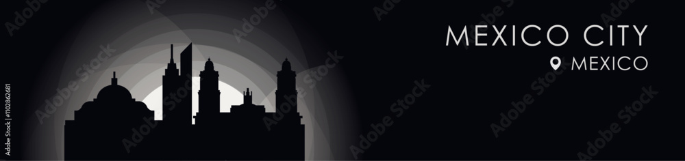 Fototapeta premium Vector Mexico City cityscape banner. Black and white placard profile picture for header, footer