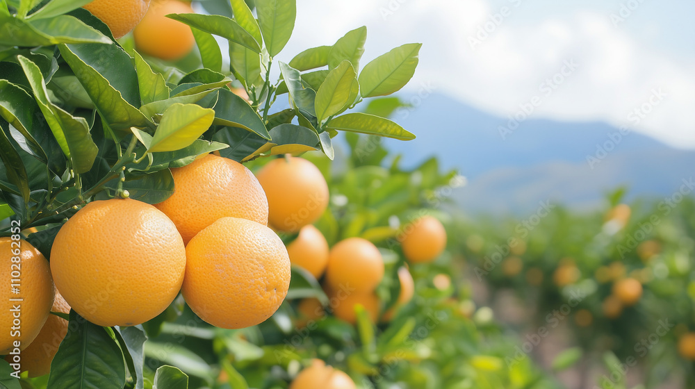 Orange Grove Abundance: A close-up shot of ripe oranges hanging from a tree branch, showcasing the vibrant colors and luscious textures of a bountiful harvest. Orange Grove Abundance: A close-up shot of ripe oranges hanging from a tree branch, showcasing the vibrant colors and luscious textures of a bountiful harvest.