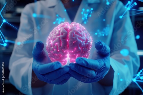 A person in a white lab coat and blue gloves holds a glowing pink and blue 3D-rendered brain in their hands