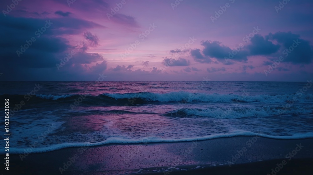Tranquil Twilight Beach, a serene shoreline bathed in deep purples and blues, gentle waves caressing the sand, evoking a sense of calm and peacefulness at dusk. Tranquil Twilight Beach, a serene shoreline bathed in deep purples and blues, gentle waves caressing the sand, evoking a sense of calm and peacefulness at dusk.
