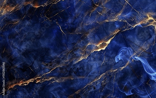 A blue and gold marble wall with a blue smoke in the background