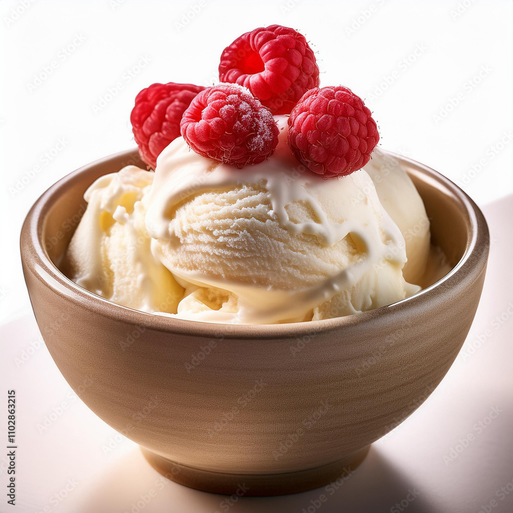 A bowl of vanilla ice cream topped with raspberries isolated on wthe table A bowl of vanilla ice cream topped with raspberries isolated on wthe table