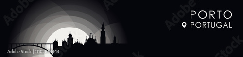 Vector Porto, Portugal cityscape banner. Black and white placard profile picture for header, footer