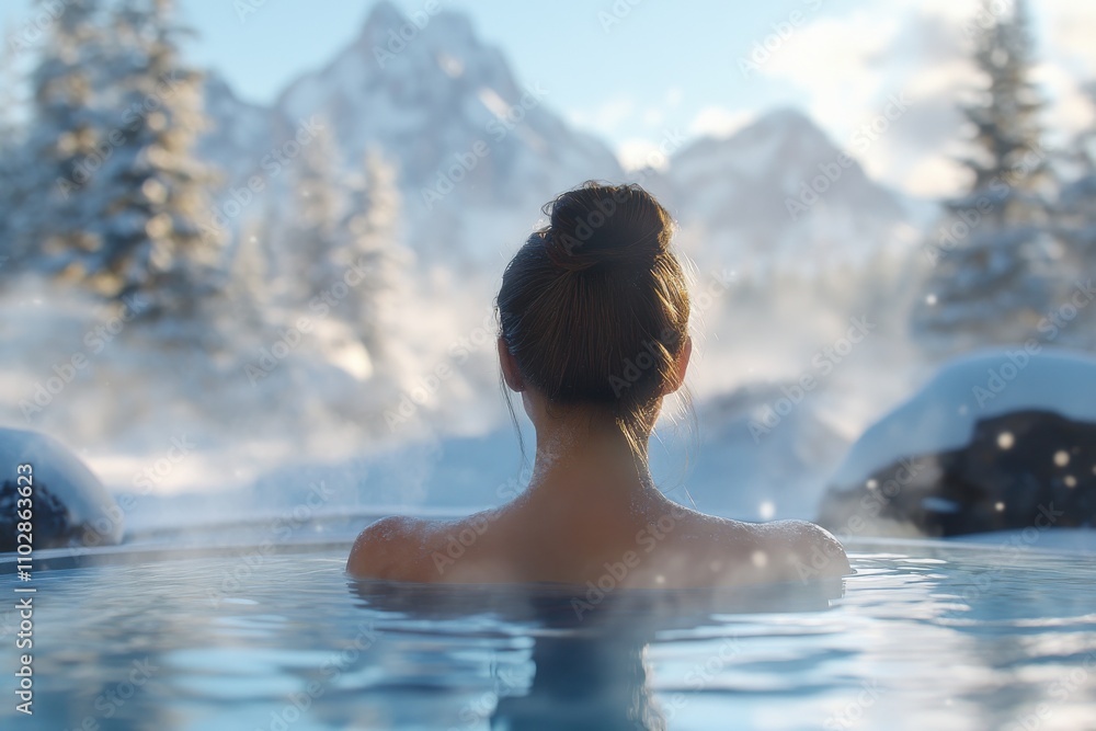A rear view of a woman relaxing in a steaming outdoor hot tub, surrounded by a snowy mountain landscape A rear view of a woman relaxing in a steaming outdoor hot tub, surrounded by a snowy mountain landscape