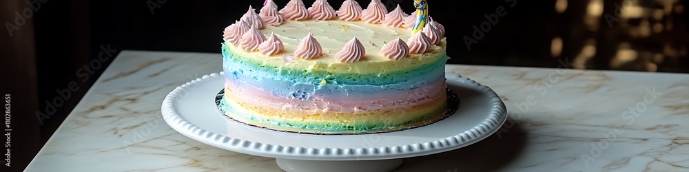 A whimsical pastel rainbow birthday cake on a white ceramic platter A whimsical pastel rainbow birthday cake on a white ceramic platter