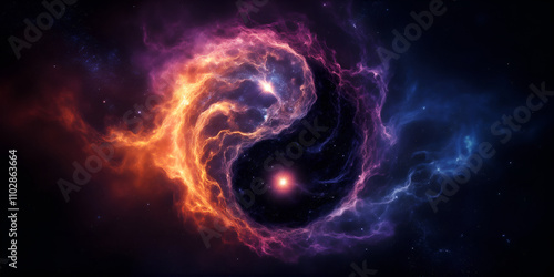 Cosmic Yin-Yang formation with swirling nebula and bright stars, vibrant colors and energy, abstract digital art with copy space