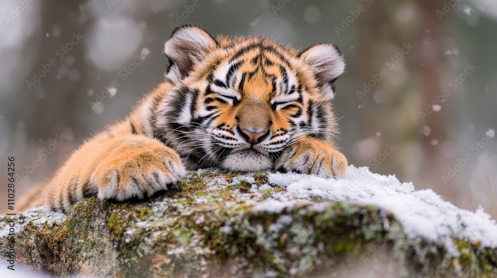 Obraz premium Adorable Siberian Tiger Cub Sleeping in Snowy Winter Landscape