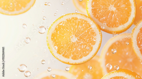 Orange Slices in Water: A vibrant, refreshing, and invigorating image of orange slices floating in water, captured in a close-up shot. The image evokes feelings of summer, sunshine.