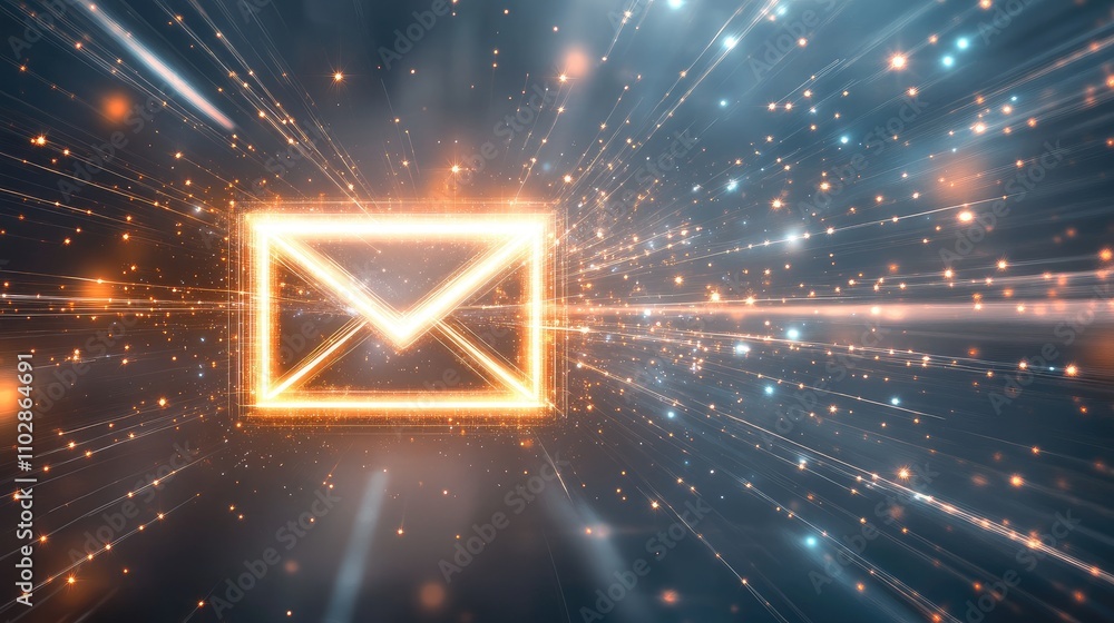 Bright Sparkling Email Icon Surrounded by Light Trails and Stars Creating a Dynamic Digital Communication Concept in a Futuristic Background Bright Sparkling Email Icon Surrounded by Light Trails and Stars Creating a Dynamic Digital Communication Concept in a Futuristic Background