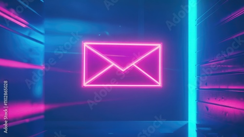 Neon Email Icon Illuminated in a Futuristic Environment With Vibrant Blue and Pink Colors for Modern Communication Themes