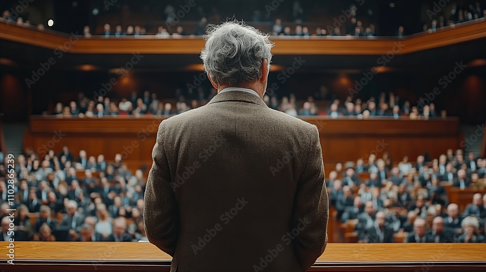 speaker stands confidently before large audience, delivering passionate speech in grand hall. atmosphere is filled with anticipation and engagement speaker stands confidently before large audience, delivering passionate speech in grand hall. atmosphere is filled with anticipation and engagement
