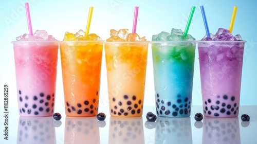 Colorful Bubble Tea Drinks Lineup on Reflective Table photo