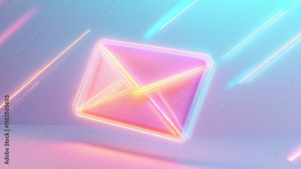Fototapeta premium Futuristic Neon Email Icon Surrounded by Dynamic Light Trails Representing Digital Communication and Modern Technology in a Vibrant Color Palette