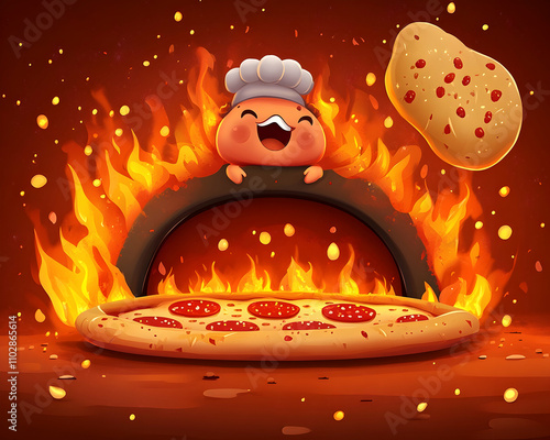 Cartoon chef character enjoying pizza cooked in a fiery oven. photo