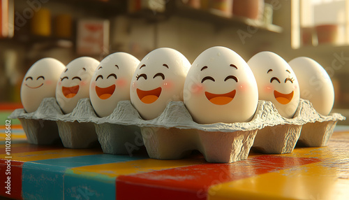 Cartoon eggs with happy faces in a carton on a colorful table. photo