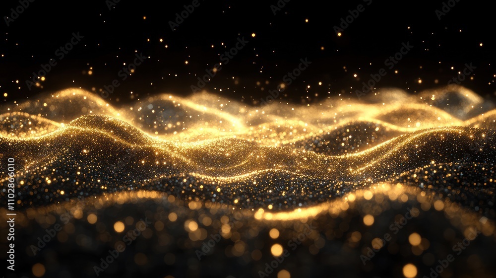 Abstract golden particles flowing in waves on black background. Abstract golden particles flowing in waves on black background.