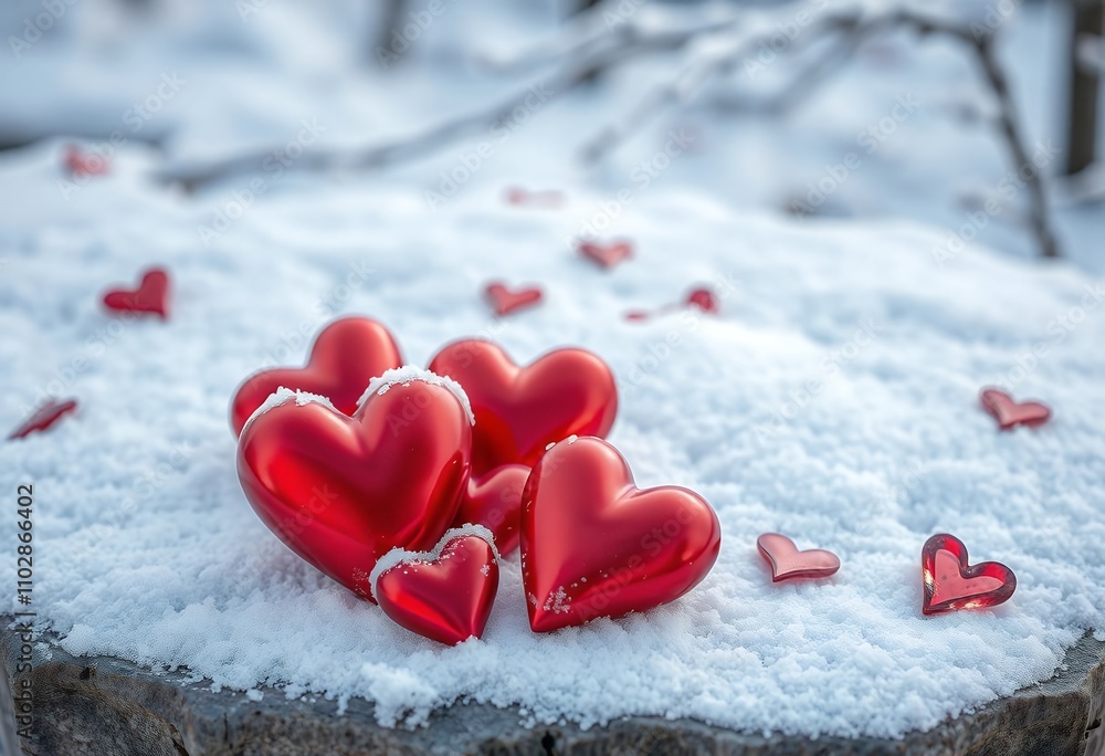 Fototapeta premium Romantic Red Hearts in Winter Snow Love Valentine s Day