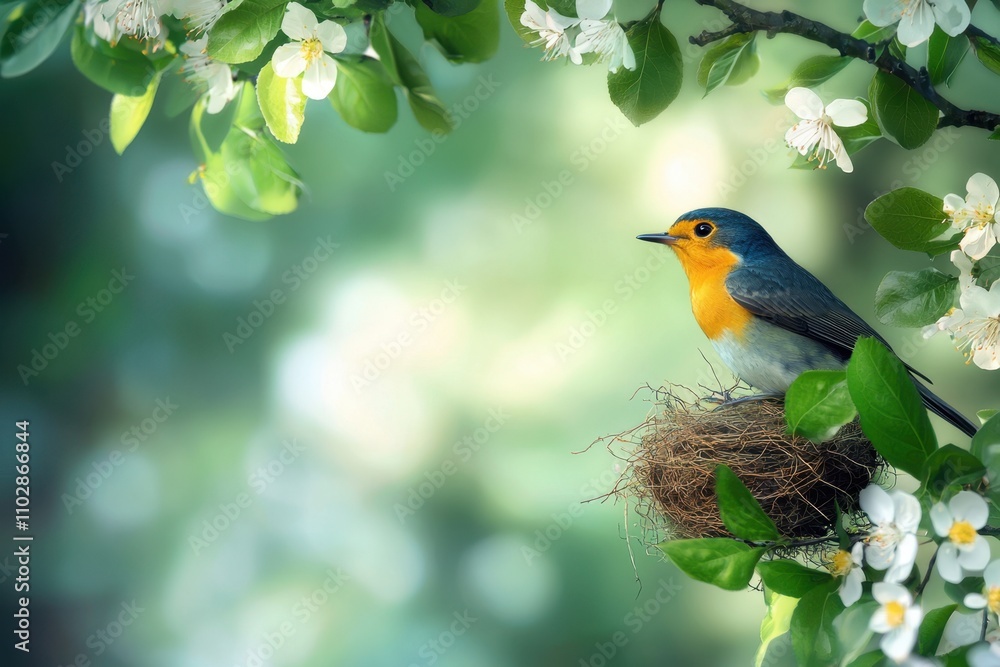 Fototapeta premium A bird is sitting on a nest in a tree