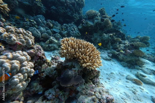 A coral reef with a large green plant in the foreground