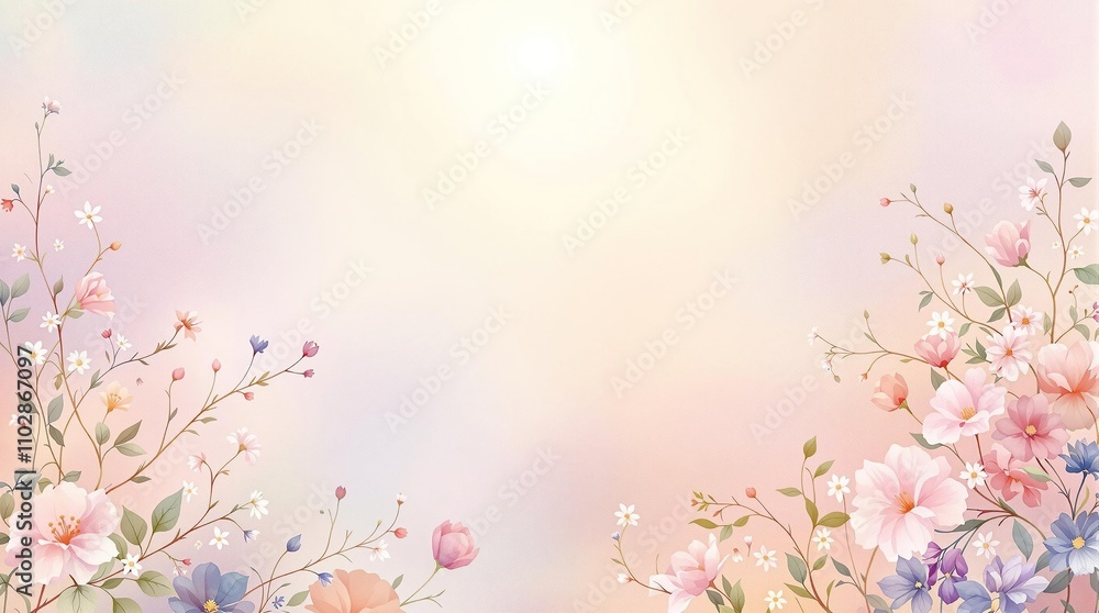 Soft watercolor background with delicate flowers and vines, vine design, pastel shades, gentle colors, garden scenery Soft watercolor background with delicate flowers and vines, vine design, pastel shades, gentle colors, garden scenery