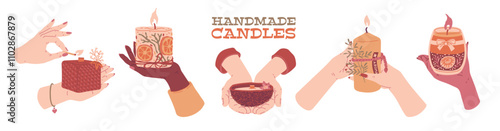 Aroma candles perfume fragrance in hands, burning candles decorated with rope bow and flowers, aromatherapy vector set